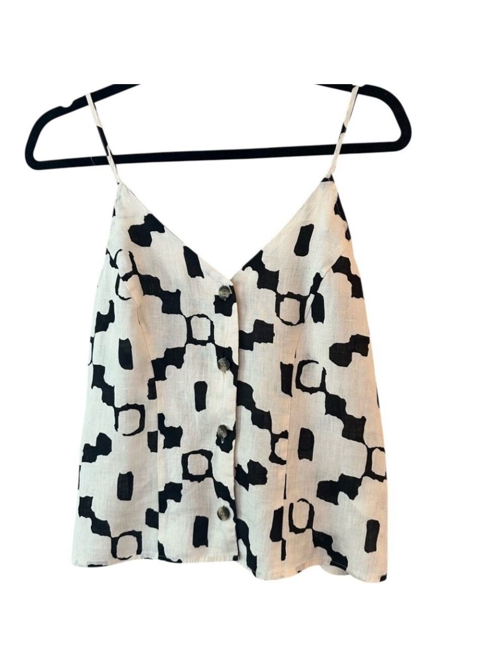 H&M  100% Linen Button Front Tank Cream & Black Patterned  sz small